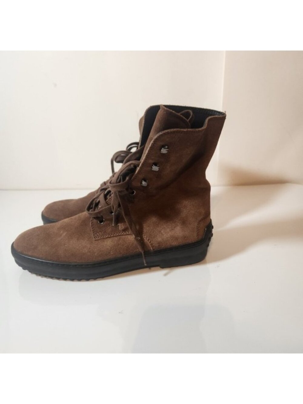 Tods Brown Suede Lace Up Combat Boots Italian Luxury Ankle Boots Lug Sole